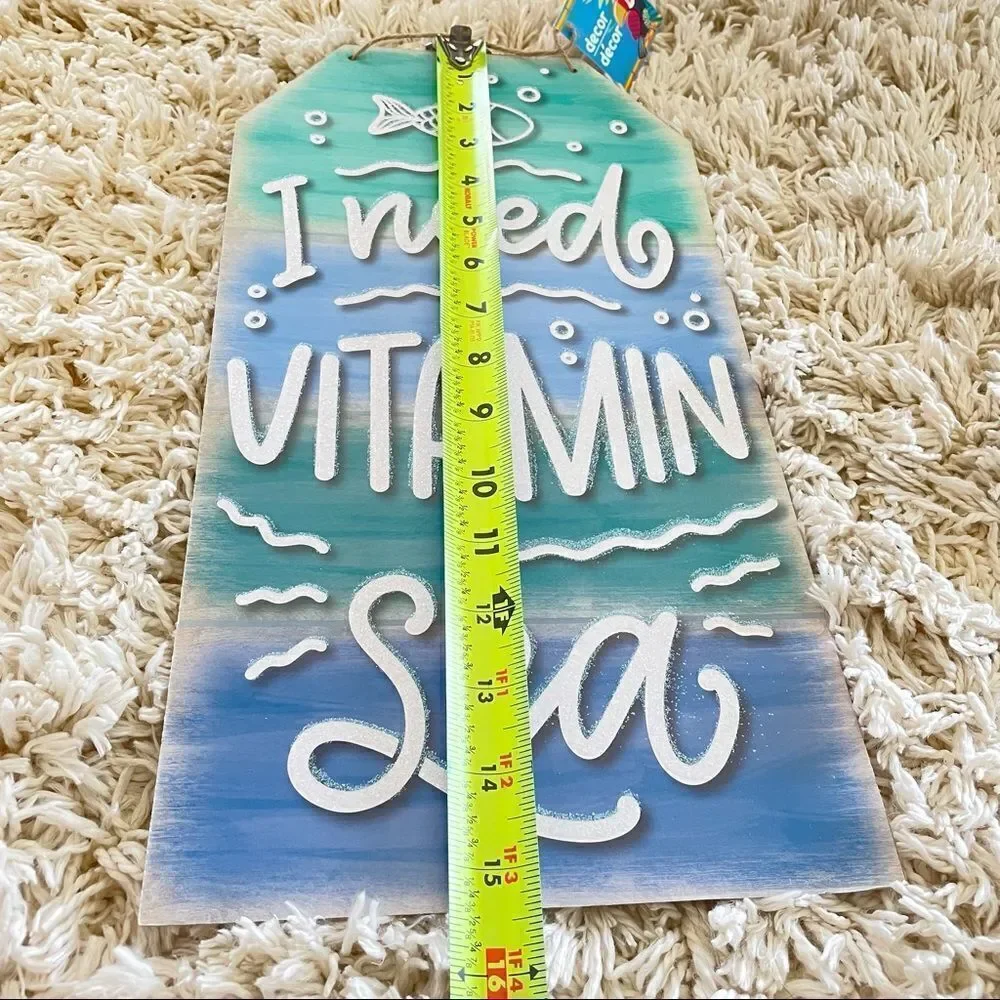 NWT Beach Inspired Fun Hanging Green Blue White Wall Sign I need Vitamin Sea New
